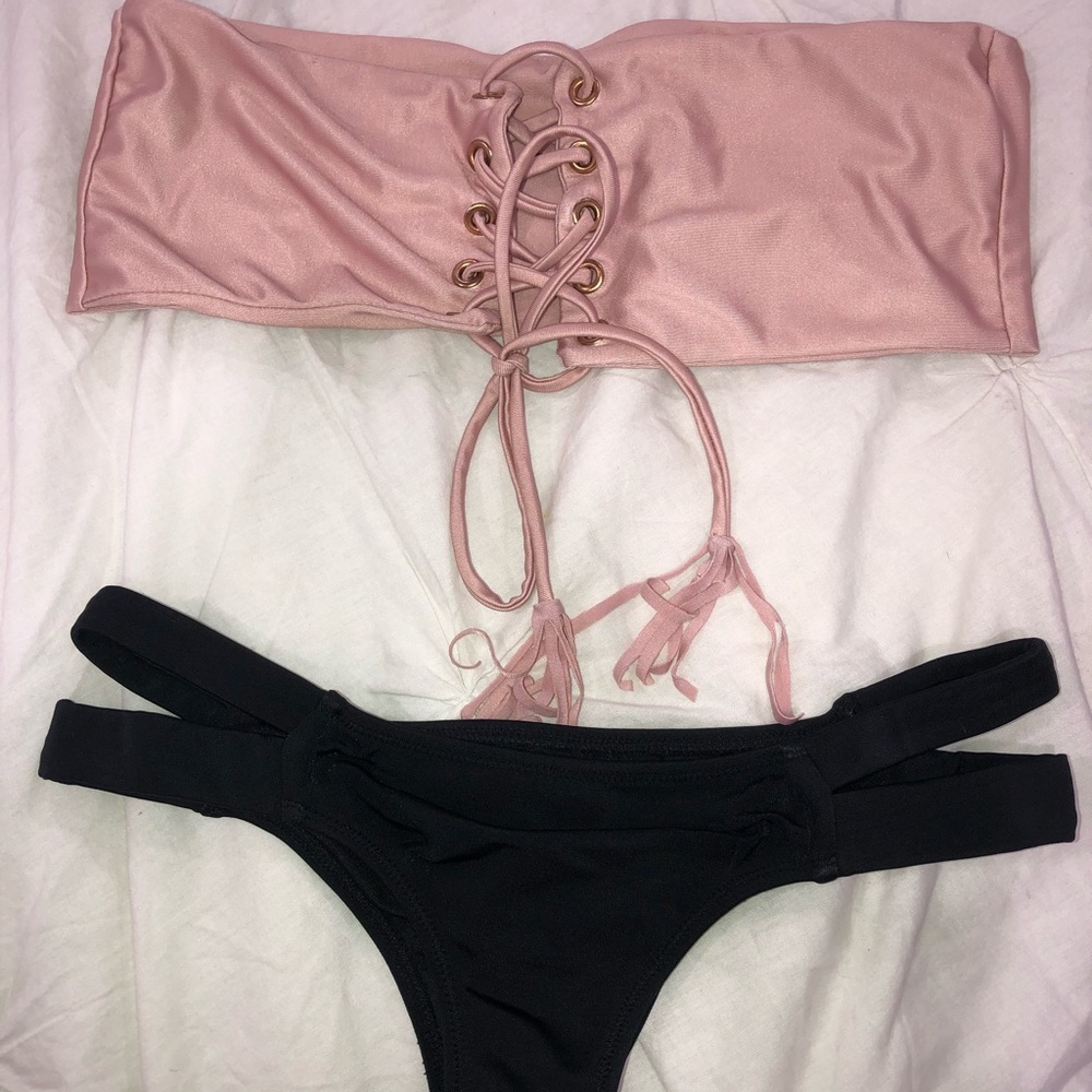 pink and black bikini set